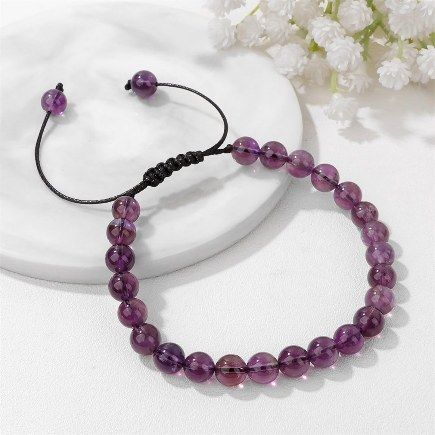Lit Wall Amethyst Bracelet for Women 6mm Adjustable Purple Beaded Crystal Bracelet Healing Bracelets Spiritual Natural Stone Bracelets Amethyst Jewelry for Women