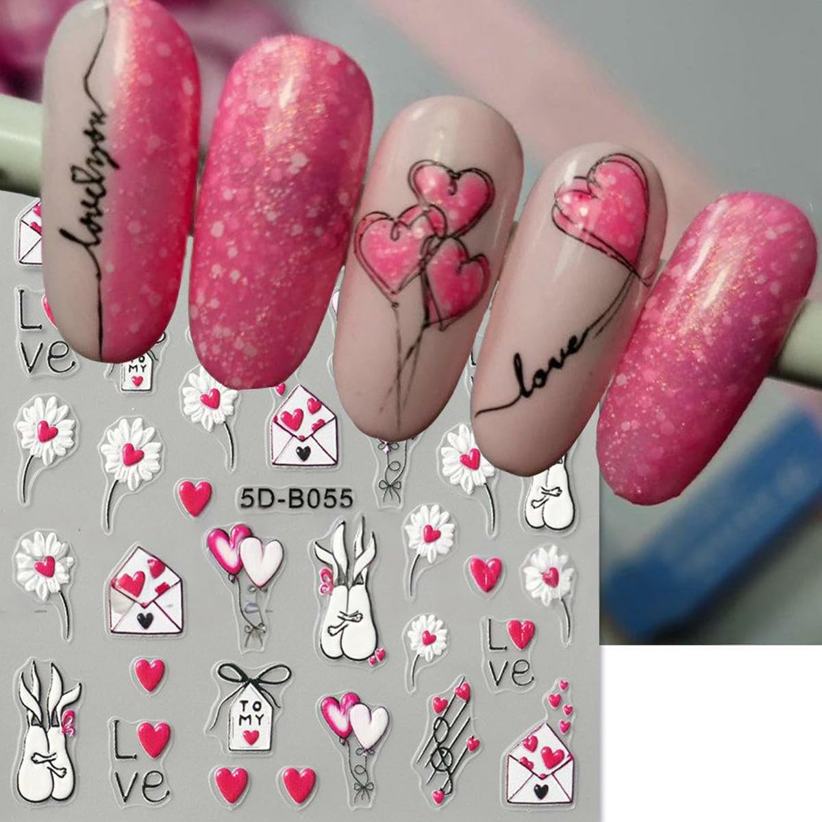 Valentine’s Day Nail Stickers for Nail Art, 5D Embossed Love Heart Nail Decals 2PCS Red White Pink Heart Envelope Rose Balloons Self-Adhesive Valentines Nails Design Manicure Accessories for Women