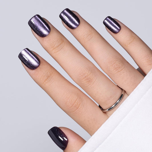 Purple Cat Eye Press On Nails Square - Short Square Fake Nails with Nail Glue, Dark Purple Cateye Press On Nails Reusable Stick On Nails in 15 Sizes 30 Nail Kit for Women & Girls | Salon Quality