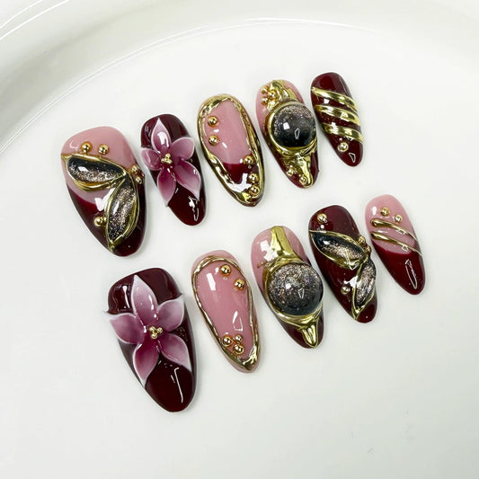 Qicaijia 10Pcs (Size M) Short Almond Handmade Press On Nails - Luxury Red French Tip 3D Cat’s Eye Acrylic Fake Nails with Ombre Flower & Sparkly Designs for Women