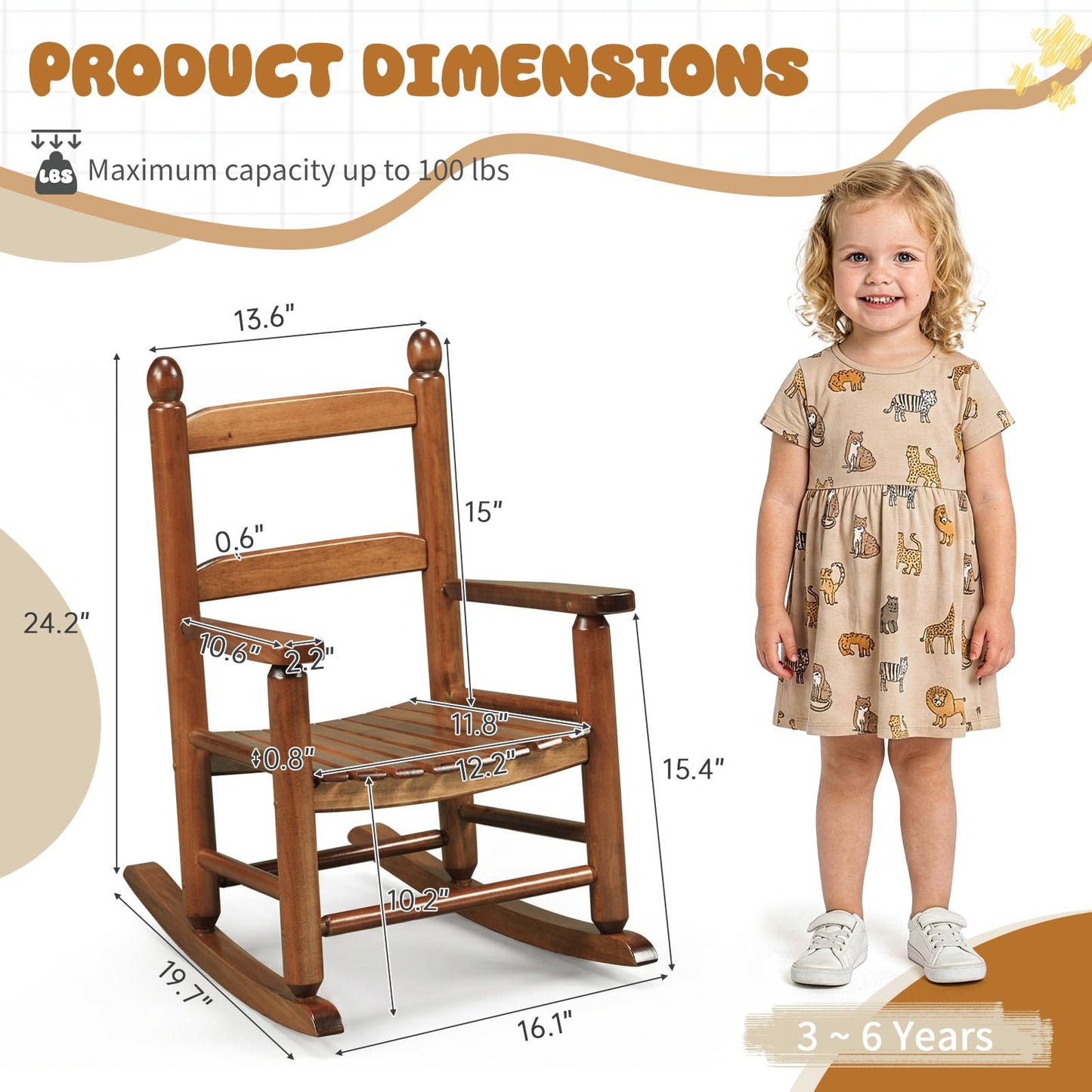 Outvita Kids Rocking Chair, Ergonomic Sturdy Toddler Rocking Chair with High Backrest & Rounded Armrests, Safe Solid Wood Baby Rocker Chair for Age 3-6, Outdoor, Living Room, Reading Room(Brown)