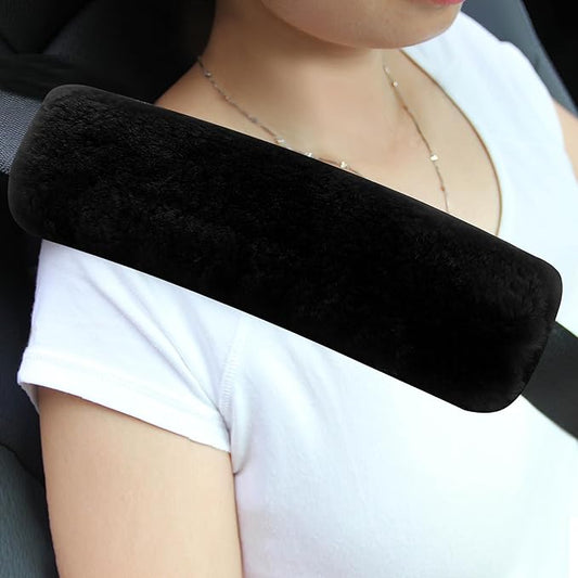 Amooca Authentic Sheepskin Seatbelt Cover Real Wool Car Truck SUV Airplane Seat Belt Shoulder Pad for Carmera Backpack Straps Neck Cushion Protector 2 Pack Black