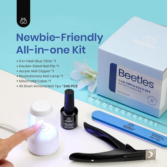 Beetles Gel Nail Kit, Short Almond Nail Tips Easy Extension Set 240 Pcs Pre Shaped Clear Full Cover Fake Nails Tips with 5 In 1 Nail Glue Uv Led Lamp DIY Manicure Gifts for Women
