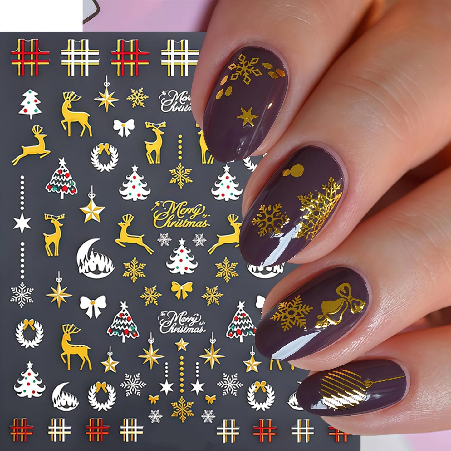 8 Sheets Glitter Christmas Nail Art Stickers Gold Snowflake Nail Decals Santa Claus Gingerbread Man Star Nail Design Snowmen Plaid Bow Christmas Lights Nail Supplies for Women DIY Nails Accessories