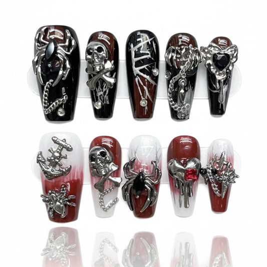 Handmade Skeleton Press On Nails long Coffin Reusable Stick On Fake Nails Luxury Elegant Sexy Style For Women Gift With Nail Glue Red Black S