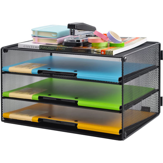 COSYAWN 3 Tier Mesh Desk Paper Tray Organizer, File Organization for Letter Document, Desktop Mail Storage Holder for Office Home School, Black, 2 Pack