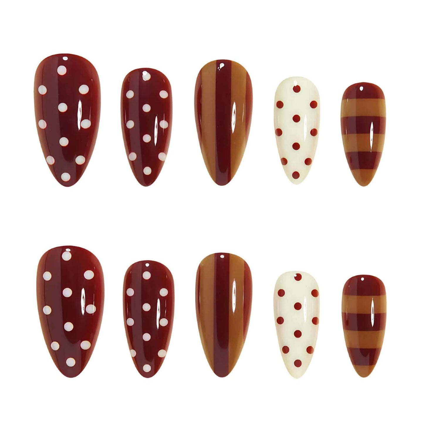 CLYHLTMZ Almond Press On Nails Short Fake Nails with Polka Dot Brown Stripes Design Glue On Nails 24 Pcs Cute Acrylic Press on Tips White Full Cover Stick on Nail Reusable Manicure Sticky for Women