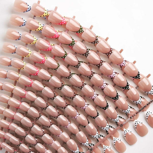 Polka Dot Press on Nails Short Almond Fake Nails 9 Colors French Tip Nails Press ons with Design Reusable Artificial Nail in 12 Sizes Full Cover Stick on Nails for Women Manicure Decorations 216Pcs