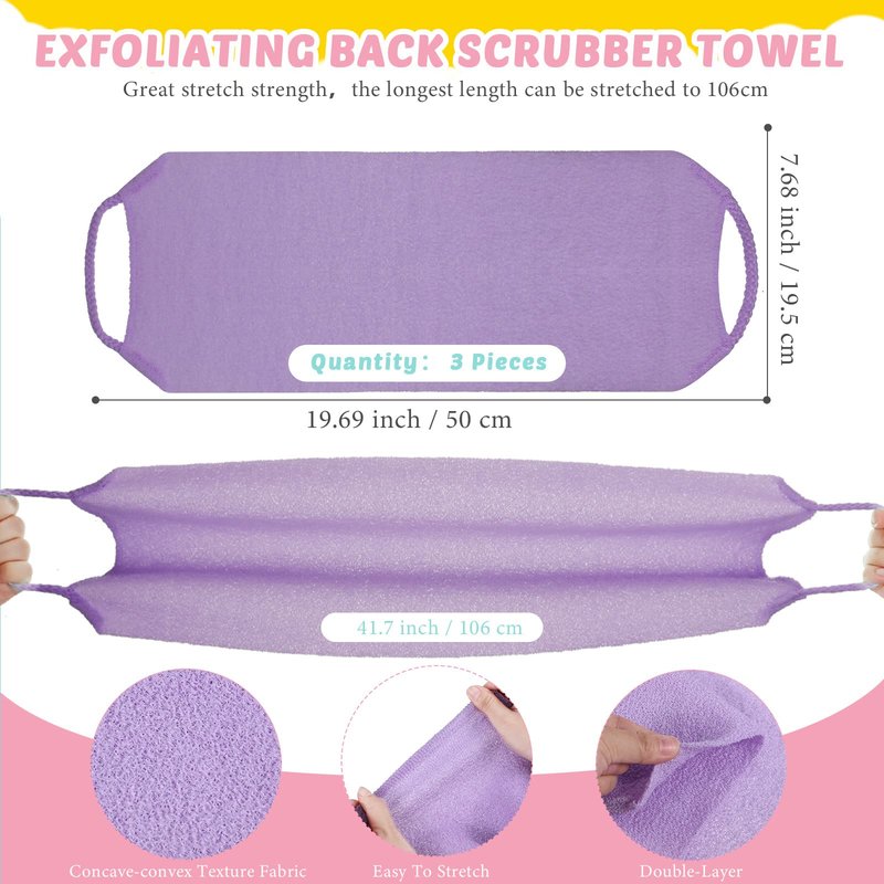 4 Pack Exfoliating Washcloth Back Scrubber Set, 2 Exfoliating Body Scrubber Nylon Back Body Scrub Towel, 2 Pairs Shower Gloves for Women Men Bath Shower Exfoliation(Pink, Purple)