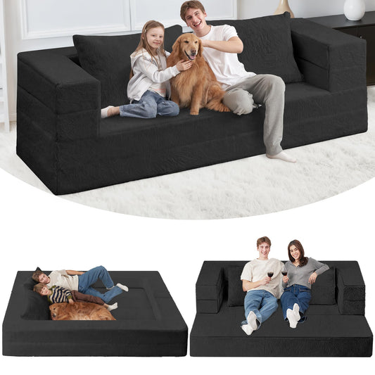 Cansunna Futon Sofa Bed with Pillow, 3-in-1 Sleeper Sofa Bed with Removable Cover, Convertible Floor Sofa Bed, No Assembly Boneless Couch for Living Room, Bedroom