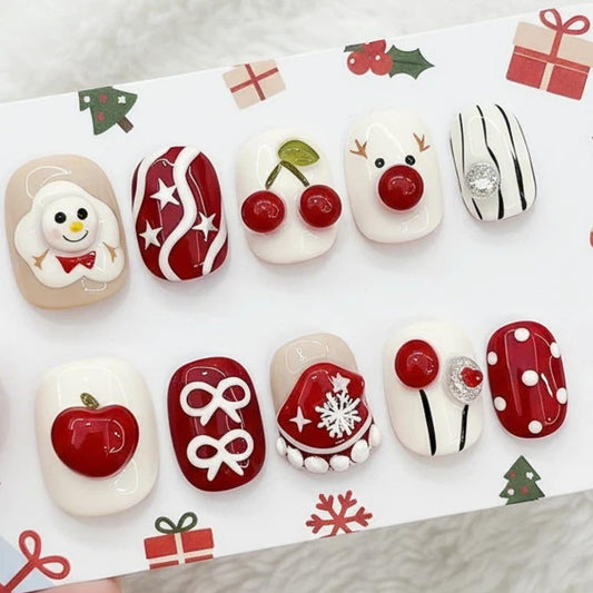Tesytto Cherry Press on Nails Short Oval - Handmade 3D Cute Art, Red and White Kawaii False Nails, Cute Cartoon Reusable Gel Nails (Cute Snowman,M)