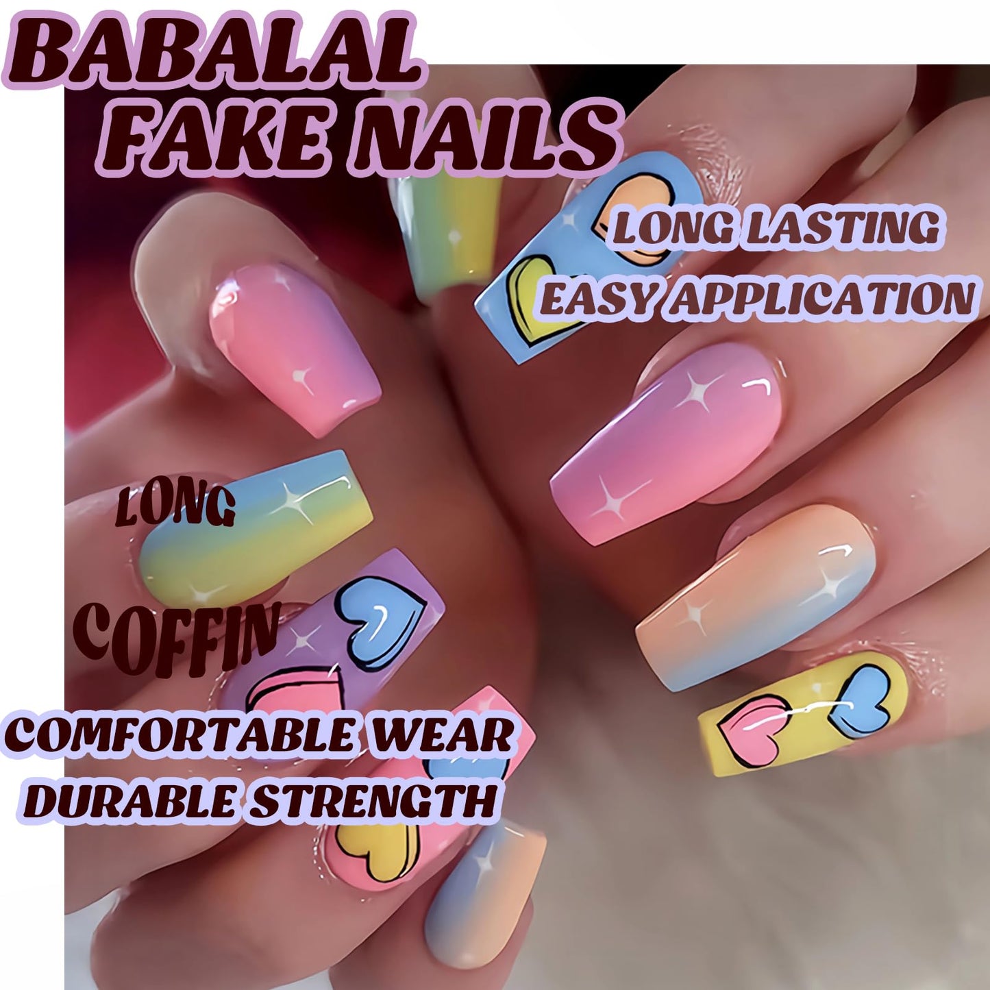 BABALAL Press on Nails Long - Coffin Fake Nails, Colorful Rainbow Heart Design, 24Pcs Coquette Ballerina Manicure False Acrylic Nails Supplies Diy Artificial Art Gel for Women