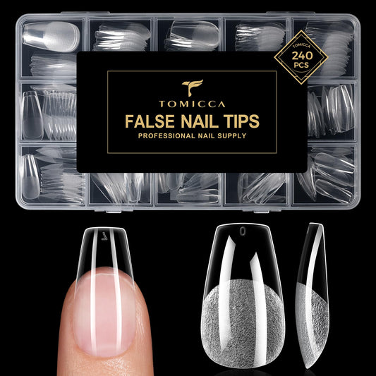 TOMICCA Medium Coffin Nails Tips, 240PCS 15 Sizes Pre-Shaped Ultra Half Matte Clear Full Cover Clear Acrylic Nails for DIY Salon, Gel Nail Extension Tips for Beginners & Nail Techs