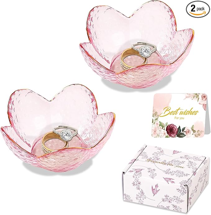 Gifts for Women Trinket Dish Flower Jewelry Dish Pink Glass Ring Holder Jewellery Tray Cute Room Decor Aesthetic Bedroom Accessories Unique Birthday New Home Christmas Gifts for Women Friends (2 pcs)