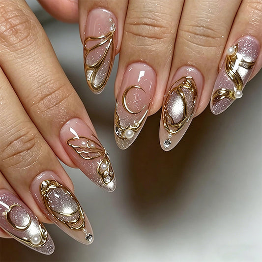 30Pcs Medium Almond Press on Nails Butterfly Nails Press on with Gold Metal Line, Cat Eye & Pearl Design Rhinestone Fake Nails Glitter Glue on Nail Full Cover Stick on Nail for Women Manicure