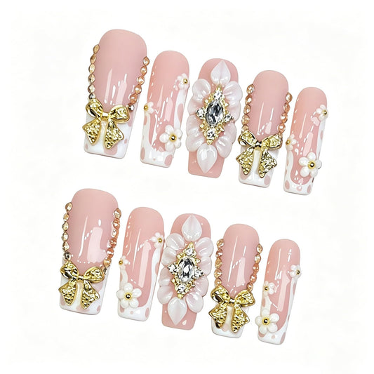 Exylixor Handmade Press on Nails Long Square - Luxury Gold Bow & 3D Blooming Flower Fake Nails, Amber Jewelry Bead Chain False Nails, 10 Pack for Women (Size M)