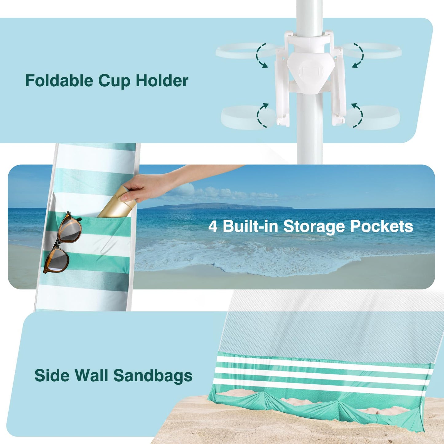 Rhino Valley Beach Cabana, 8 * 8FT Beach Tent UPF50+ Protection, Easy Setup Beach Canopy Wind Resistant with Cup Holder, Compact Beach Shade Foldable Beach Tent Sun Shelter, Green White