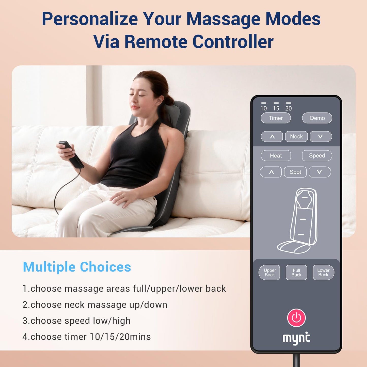 Mynt Shiatsu Neck and Back Massager with Heat, 3D Kneading Full Back Massager for Pain Relief Deep Tissue, Foldable Adjustable Chair Massager for Home Office, Gifts for Mom Dad, Black