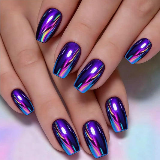 Purple Electroplated Press on Nails Medium Square Fake Nails Designs Chrome-Plated False Nails Deep Purple Mirror Metal Full Cover for Women Girls Daily Wearable Manicure Decoration 24Pcs