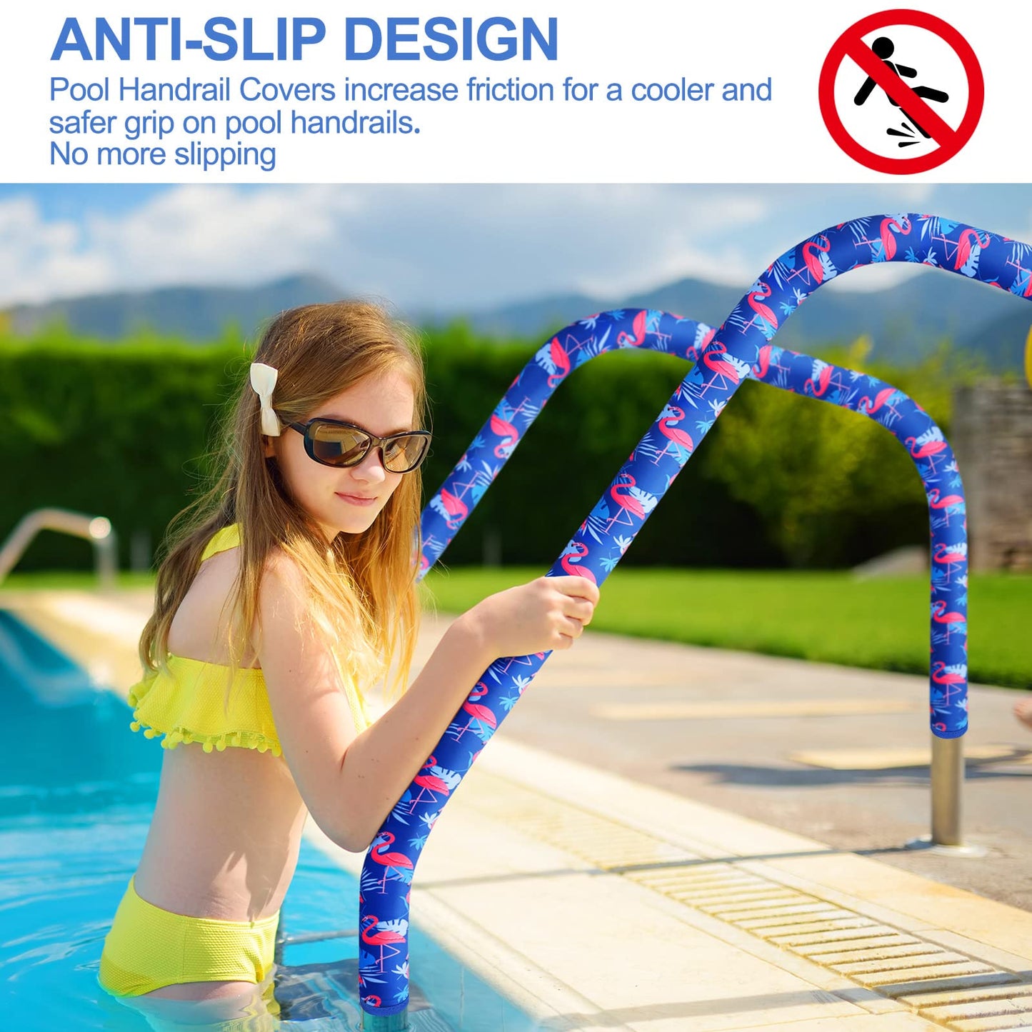 Junkin Pool Handrail Cover 10 ft Swimming Pool Ladder Hand Rail Cover with Zippers Slip Resistant Railing Flamingo Blue Rail Grip for Inground Pools Swimming Hand Railing