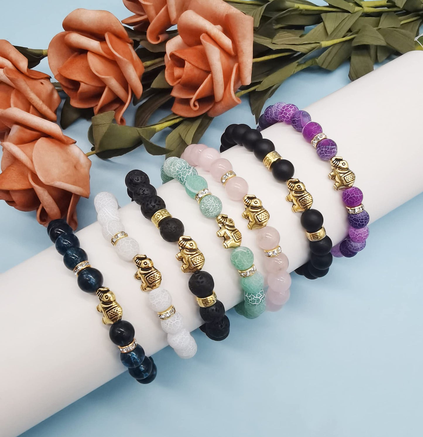 Jewdreamer 10Pcs 8mm Chakra Bead Bracelet Elephant Gifts for Women Men Natural Stone Bead Bracelets Lava Rock Reiki Crystals Yoga Bracelets
