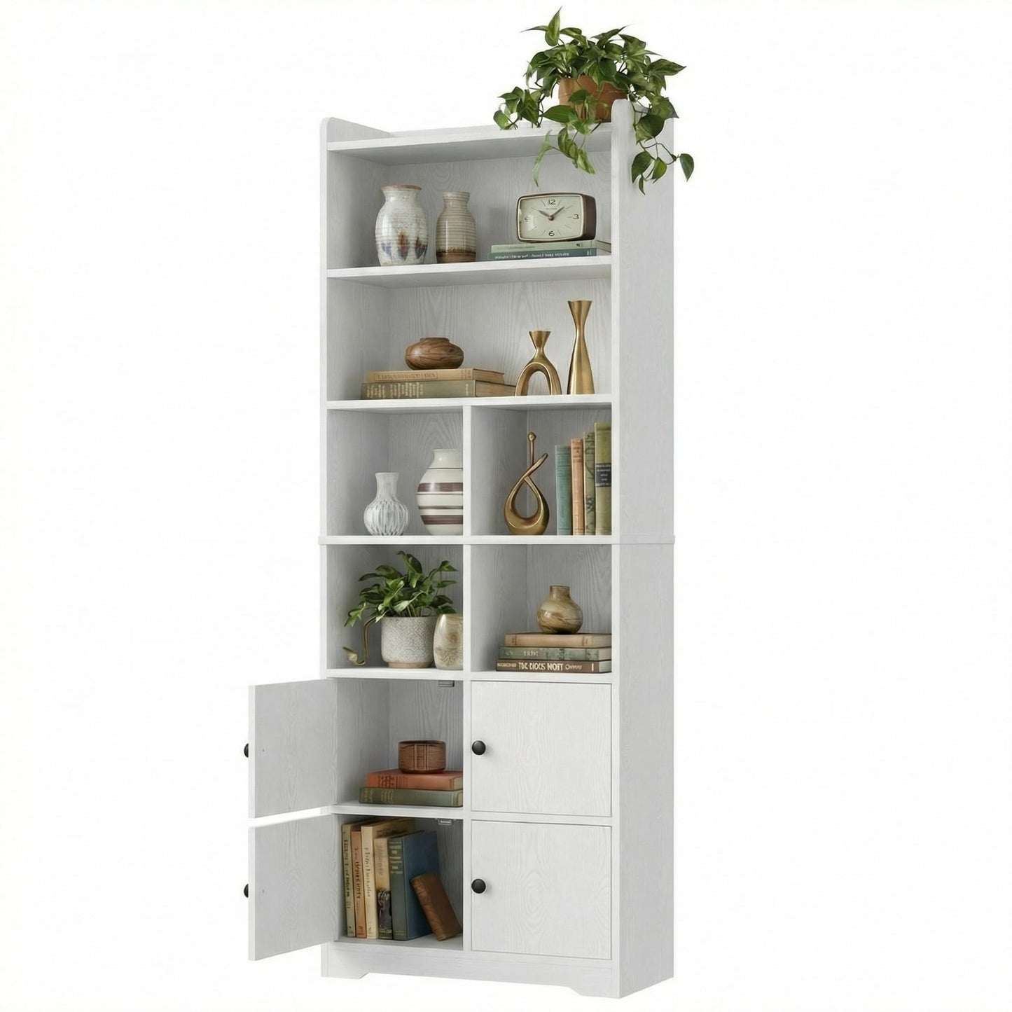 IRONCK Bookshelf with Doors, Book Shelf with Storage Shelves, 74.6 in Tall Bookcase for Home Office, Living Room, Bedroom, White