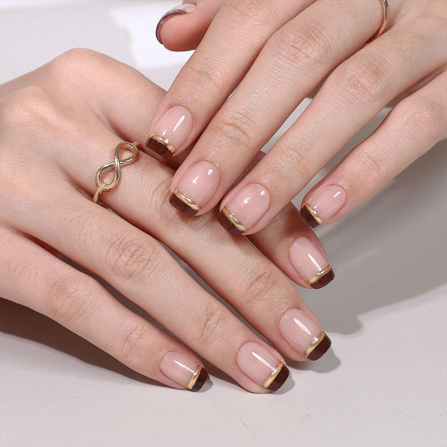 Brown French Tip Press on Nails Short Square - GJZEZ Soft Gel Glossy Autumn Thanksgiving Fall Fake Nails Press ons with Gold Stripes Designs for Women | 16 Sizes - 32 Reusable False Nail, Espresso