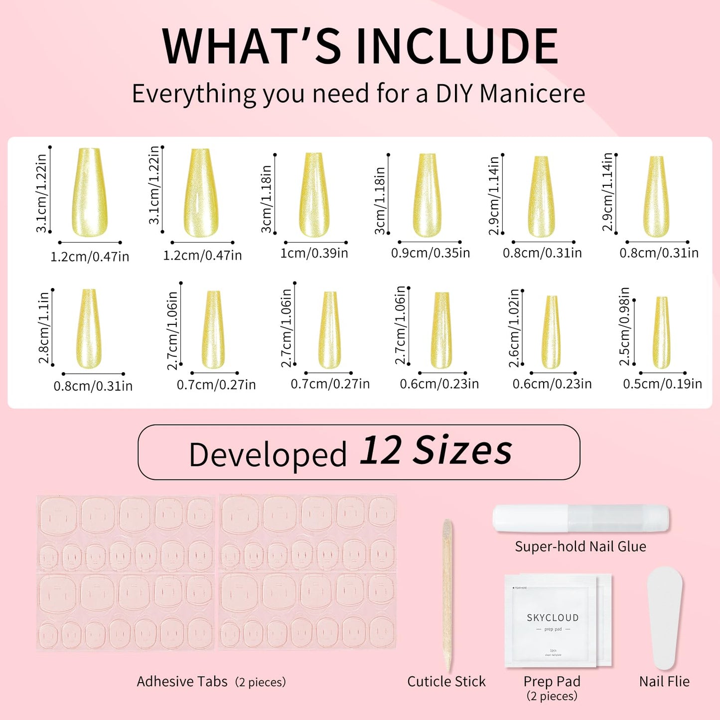 Yellow Cat Eyes Press On Nails,12 Sizes - 24 Pcs Soft Gel Yellow Long Coffin Fake Nails Kit with Nail Glue, Natural Reusable Stick On False Nails for Women and Girls SK1052