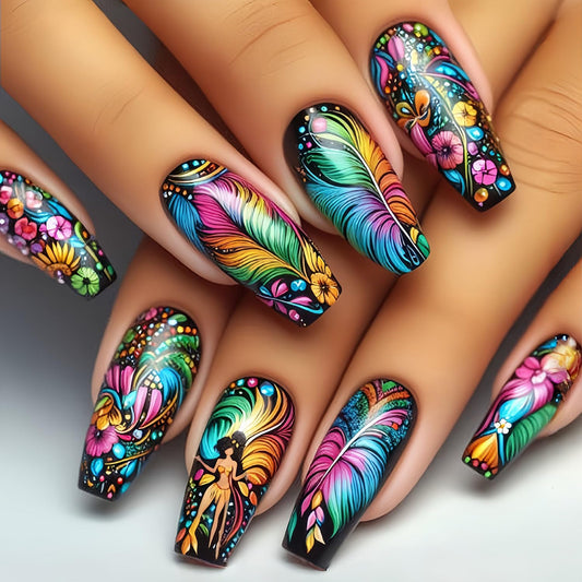 FIEONCIY Press on Nails Square Shaped Glossy Full Cover Acrylic Medium Length Square False Nails with Designs Artificial Short Coffin Fake Nails with Charms Glue ons Fingernails for Women Girls(Y443)