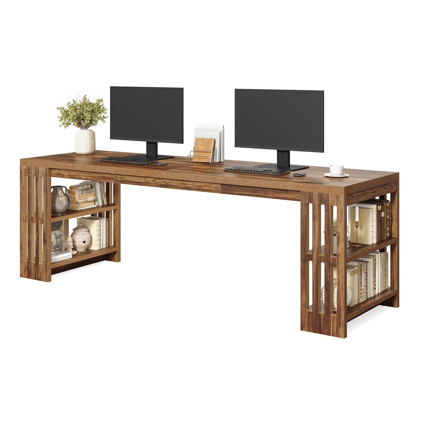 LITTLE TREE 78.7" Long Desk, 2 Person Desk with Shelves, Large Wooden Computer Desk, Heavy Duty Shelf Legs Design for Two Person Home Office, Business, Workstation, Brown (78.7" W x 23.6" D)