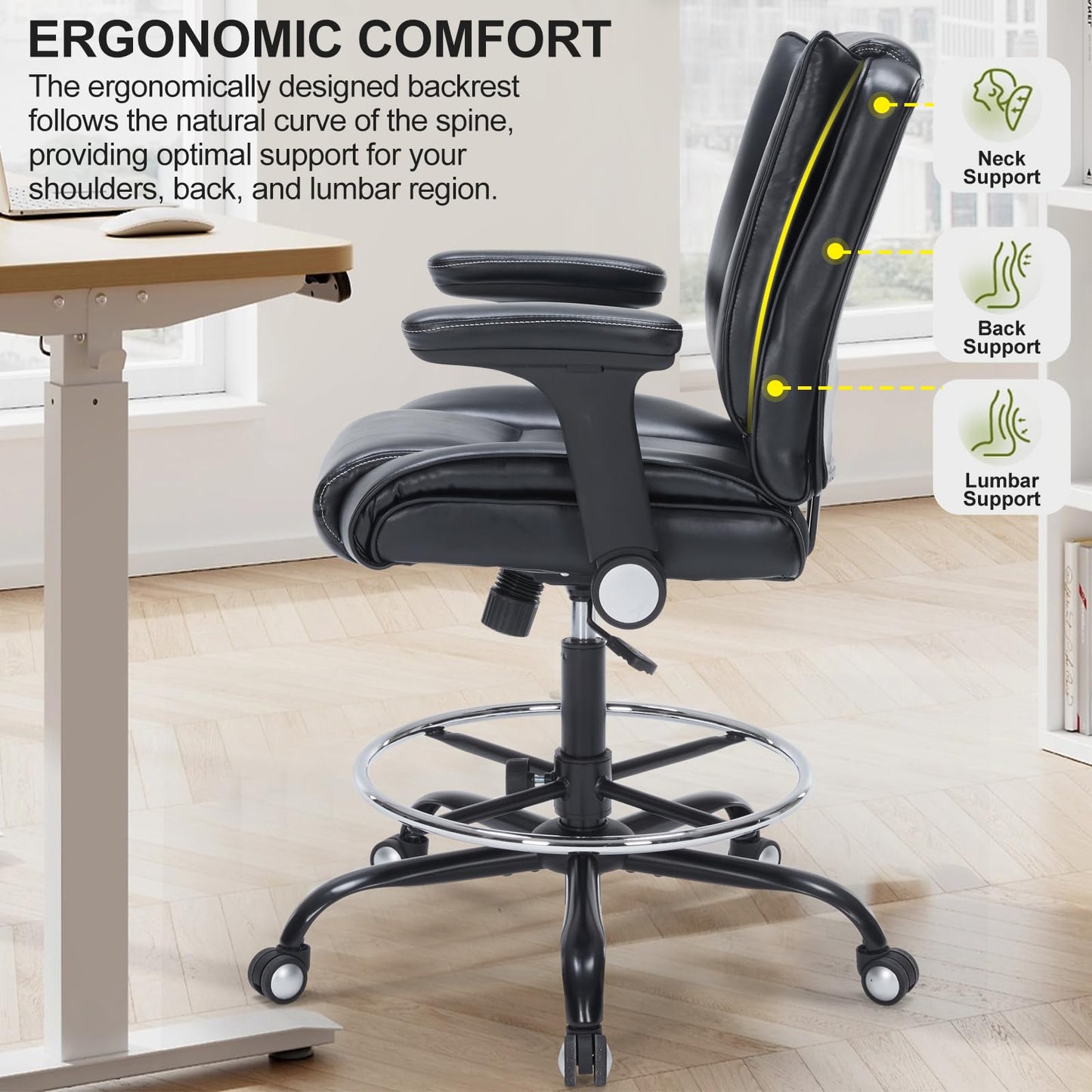 OLYFING Drafting Chair, Tall Office Chair with Padded Adjustable Arms and Footring PU Leather Standing Desk Chair with Extra Thicken Seat Cushion, Comfy High Office Chair for Counter Height Desk