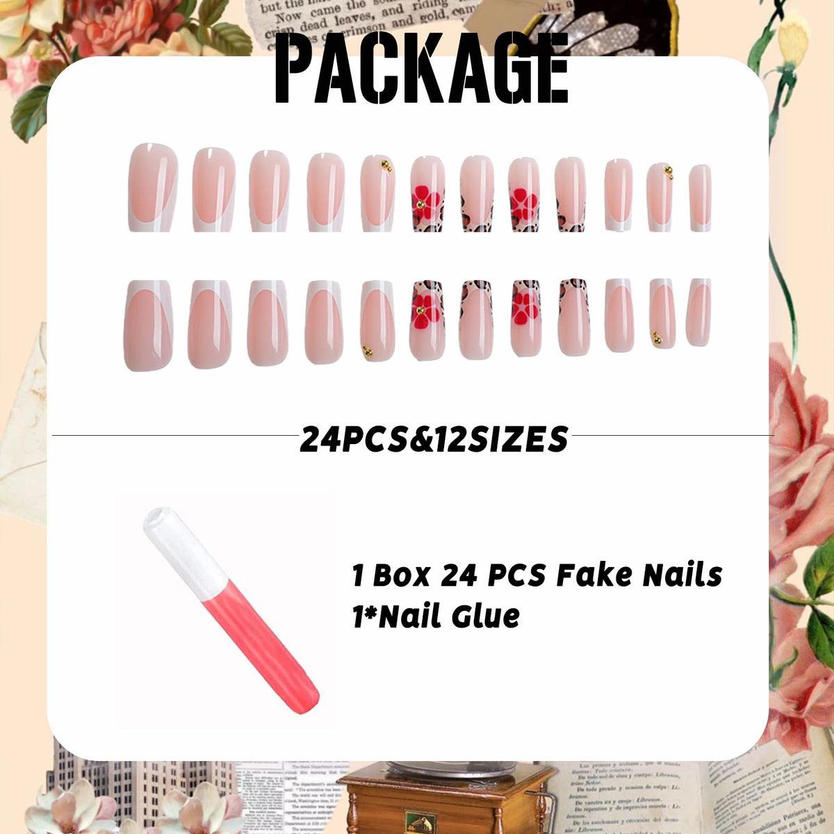 IMSOHOT Press on Nails Long Square Fake Nails - Leopard Print French Tips, Red Flower, Glossy Acrylic False Nails Glue Stick on Nails for Women Girls DIY Manicure Supplies