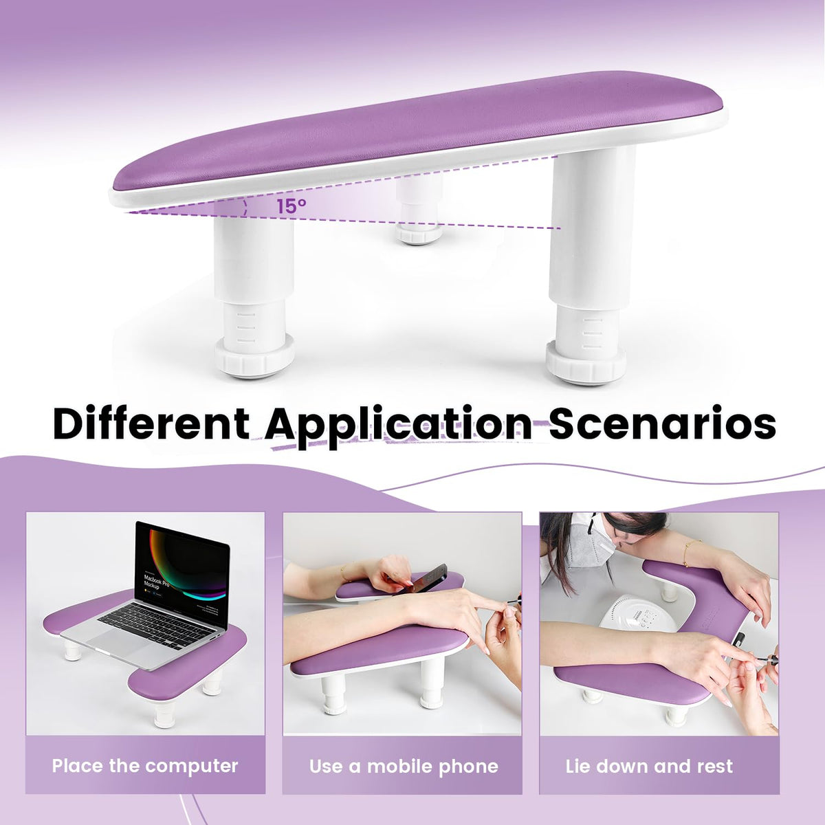 JODSONE Purple U-Shaped Manicure Arm Rest for Nails Tech with Rotating Phone Holder and Adjustable Nail Arm Rest Detachable Manicure Hand Rest for Salon Design