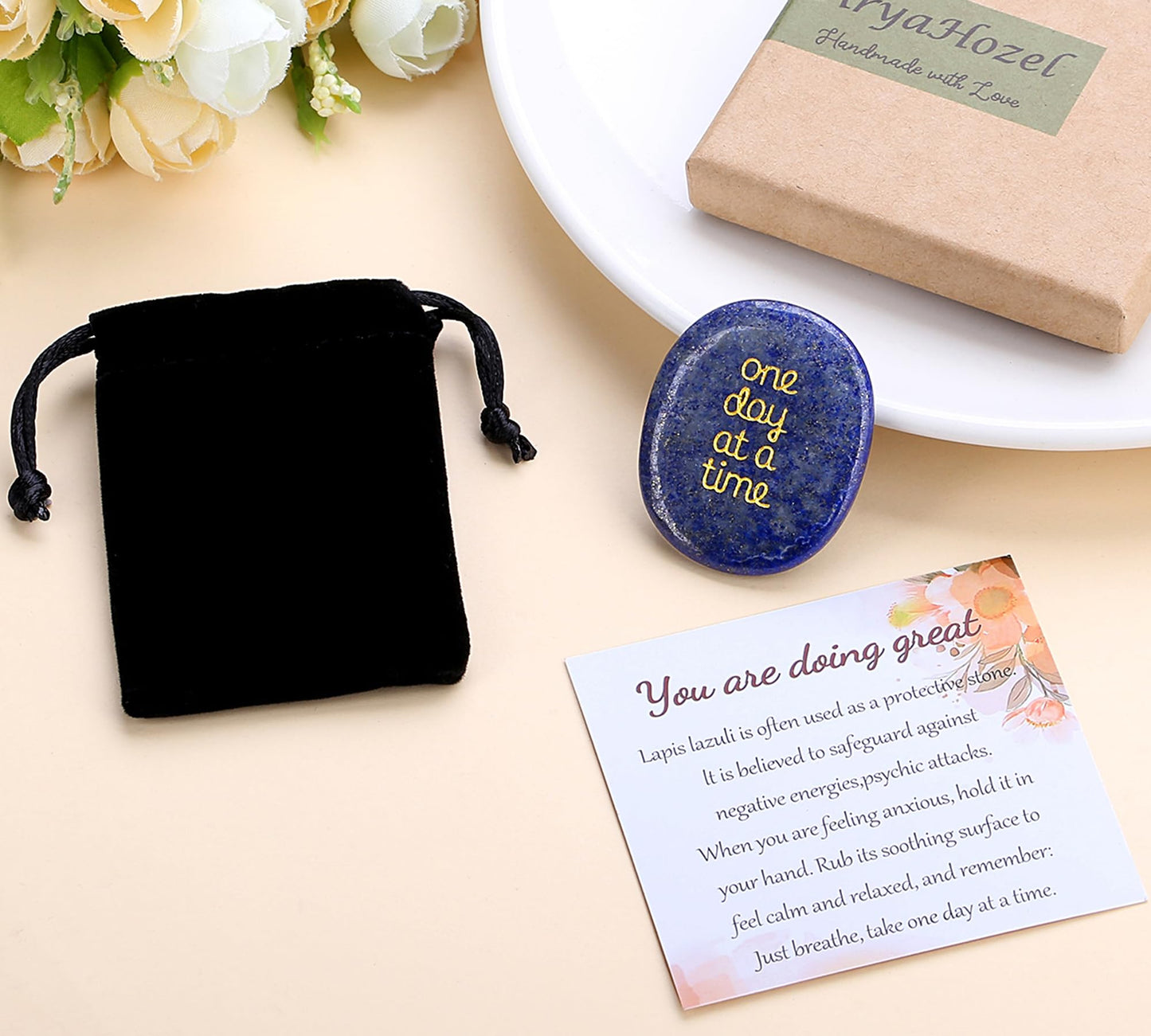 QINJIEJIE One Day at A Time Lapis Lazuli Worry Stone Healing Crystal Thumb Stones Thinking of You Gifts for Anxiety Relief Items You Got This Inspirational for Friend Encouragement Gift for Women Men