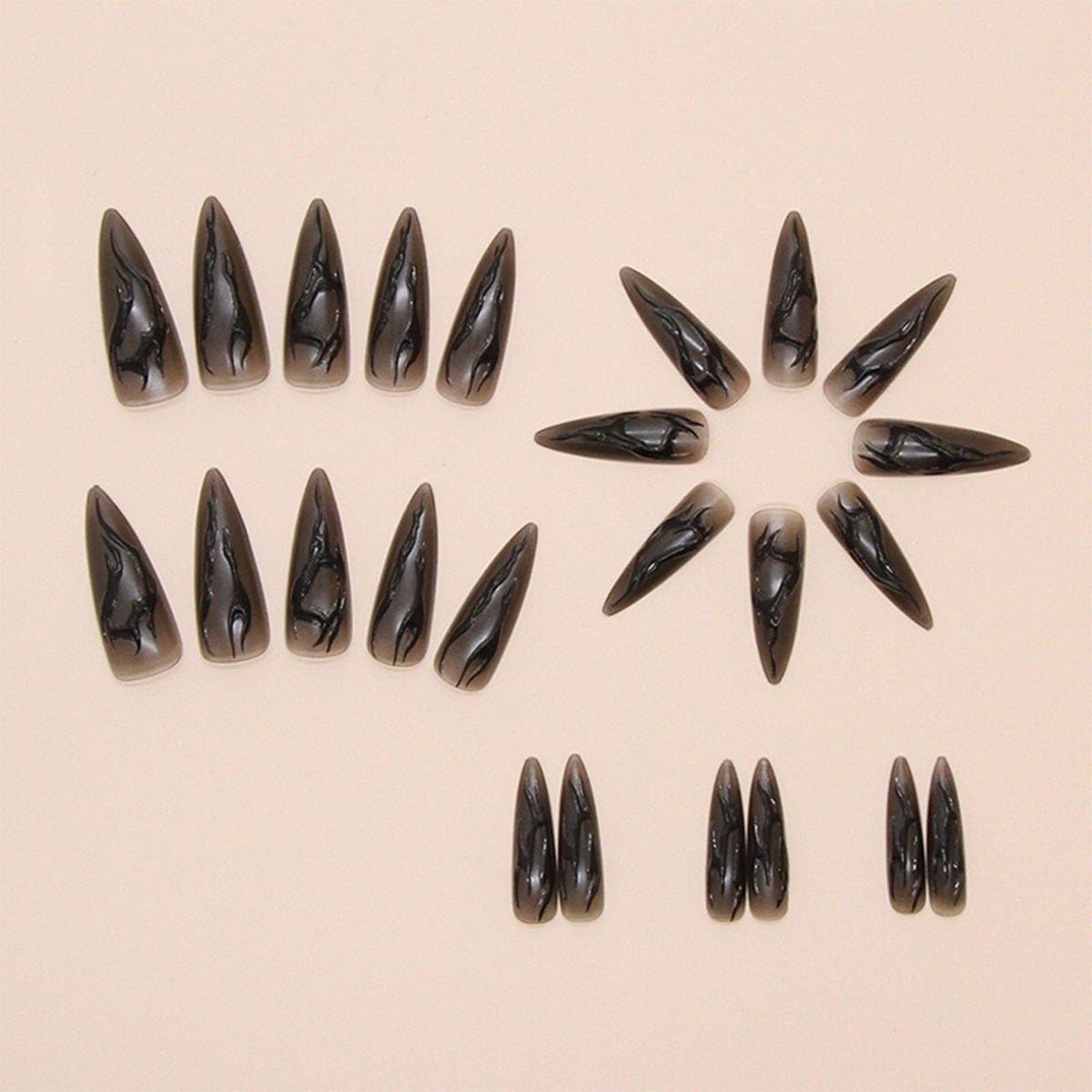 IMRAIN Press on Nails Long Stiletto Fake Nails Black 3D Line Glue on Nails with Designs Full Cover Matte Acrylic Almond Goth Stick on Artificial Nails for Women 24Pcs