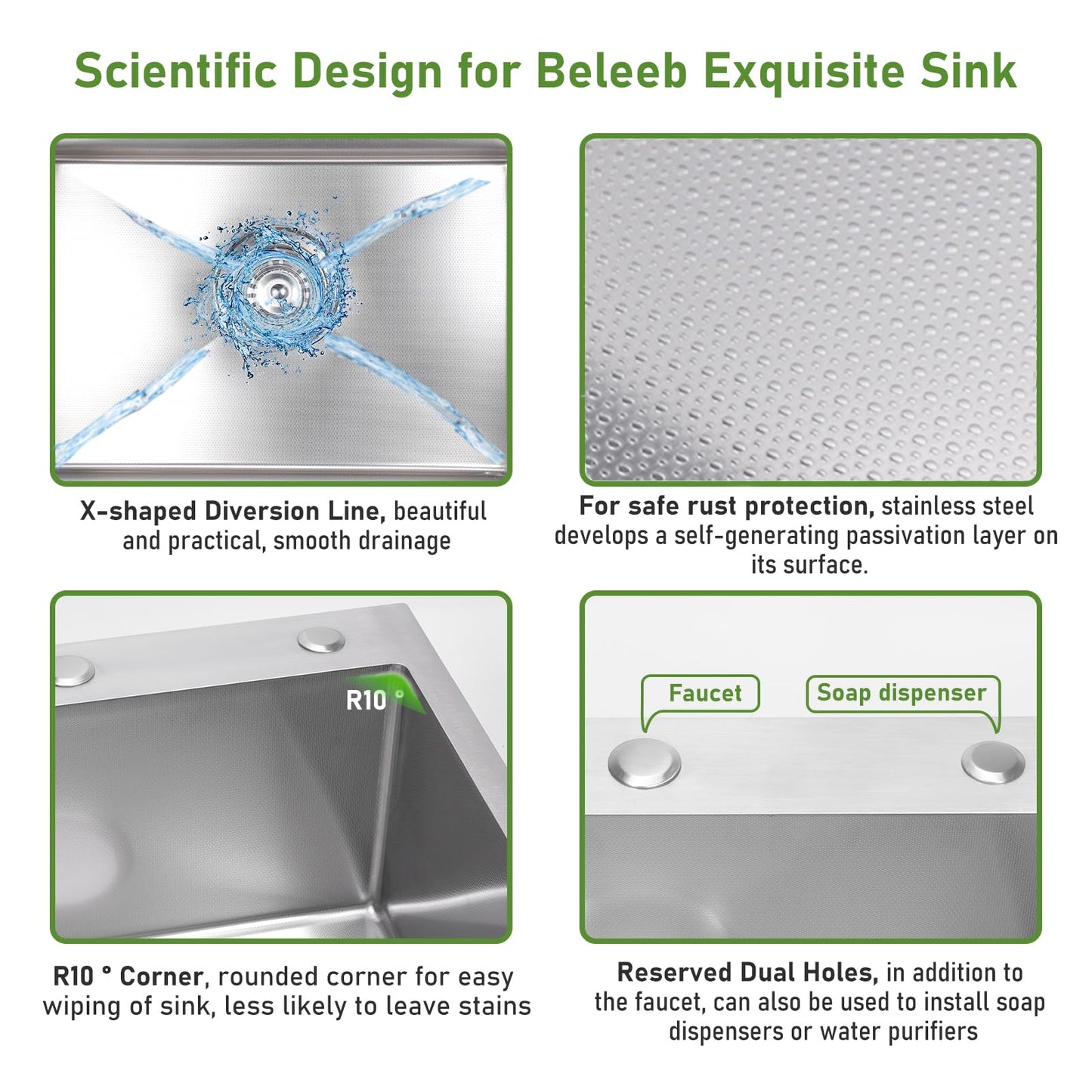 Beleeb Drop In Kitchen Sink 20x16", 9" Basin Depth, 18 Gauge Stainless Steel Sink, 3D Embossed Surface Finish Top Mount with Accessories