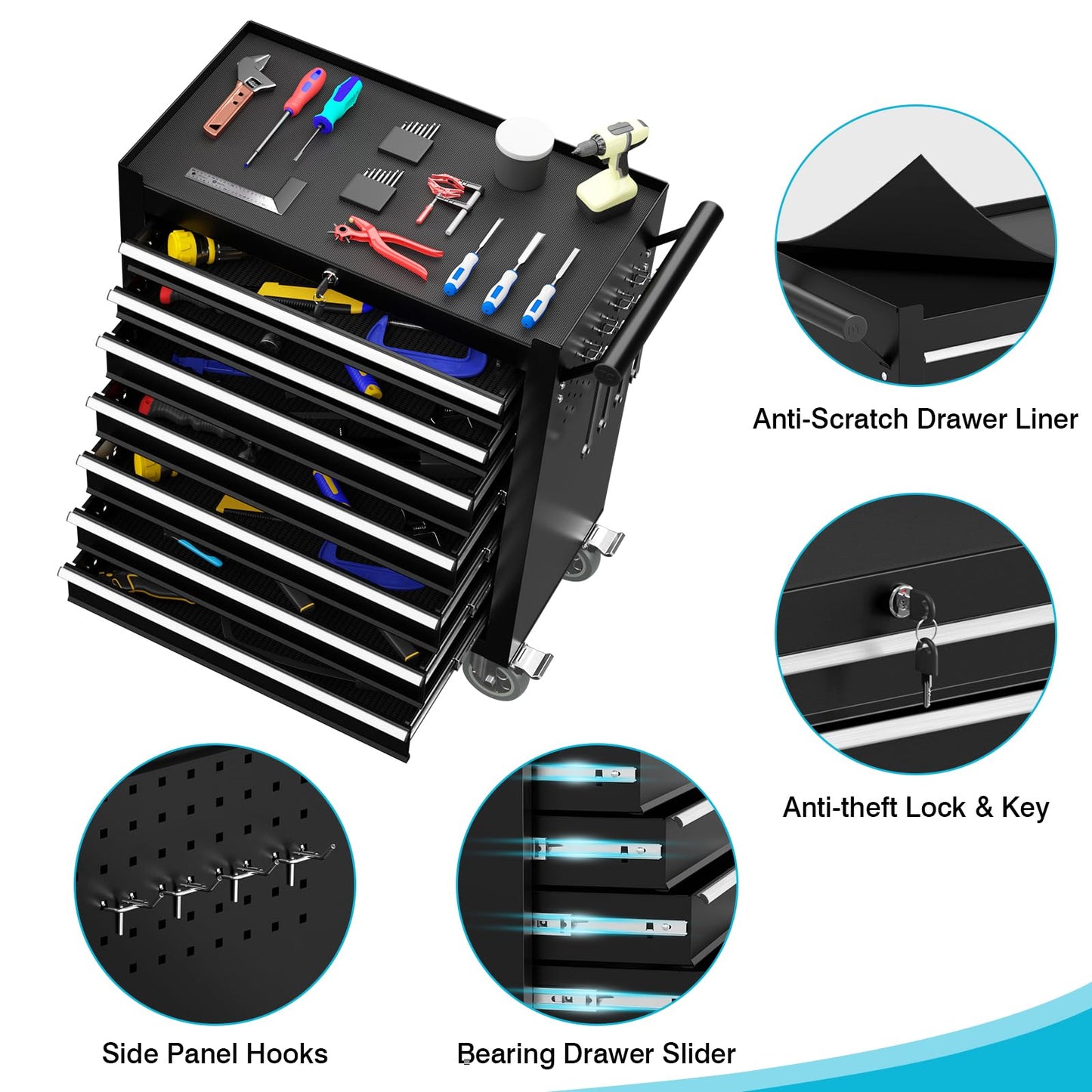 SGHATAJ 7 Drawers Metal Rolling Tool Chest, Portable Storage Rolling Tool Box, Toolbox on Wheels for Warehouse, Garage, Repair Shop and Tool Room (Black, 7-Drawer)