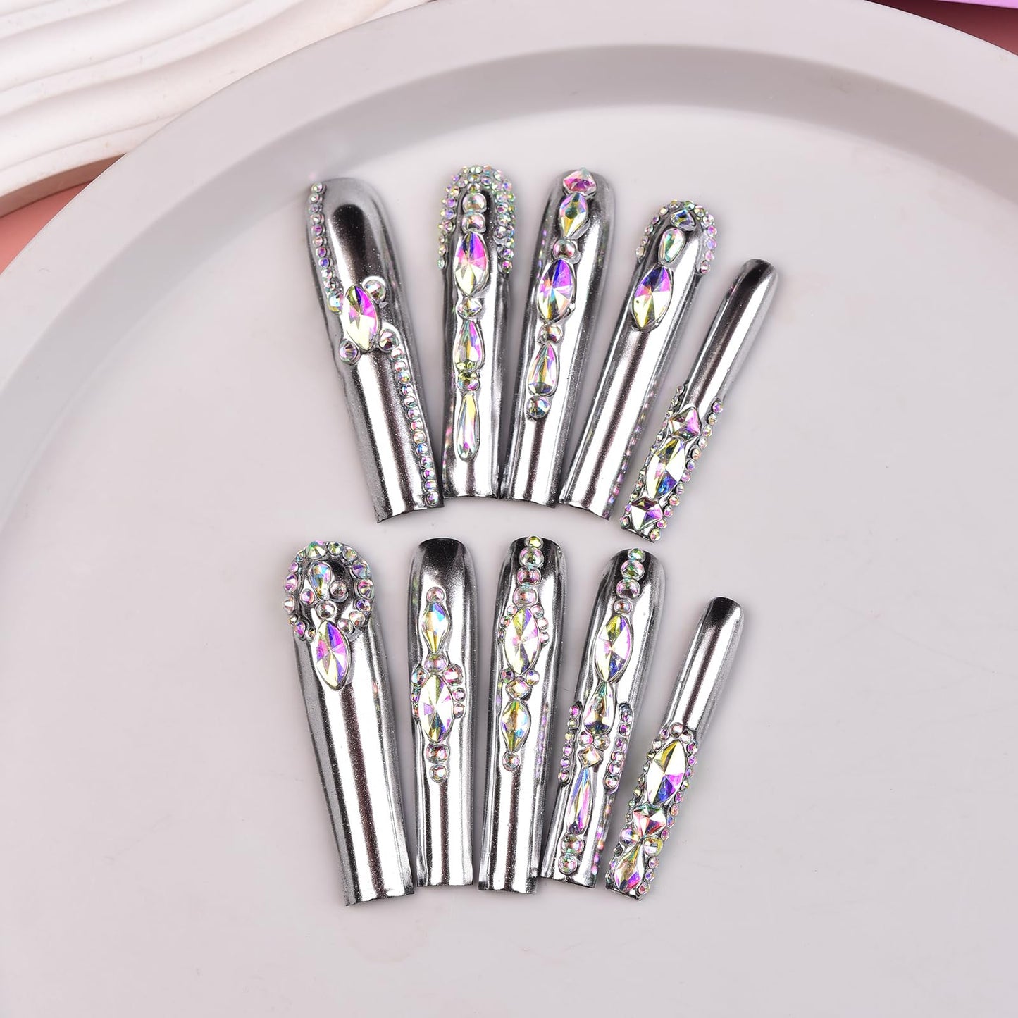 Tmani 10pc/set Extra Long Handmade Press On Nail Hot Girl's Long Ballet Nails Square Nail Full of Diamond Glitter Decoration Fake Nails Suitable For Girls Festival Parties and Birthday Gift (091,L)