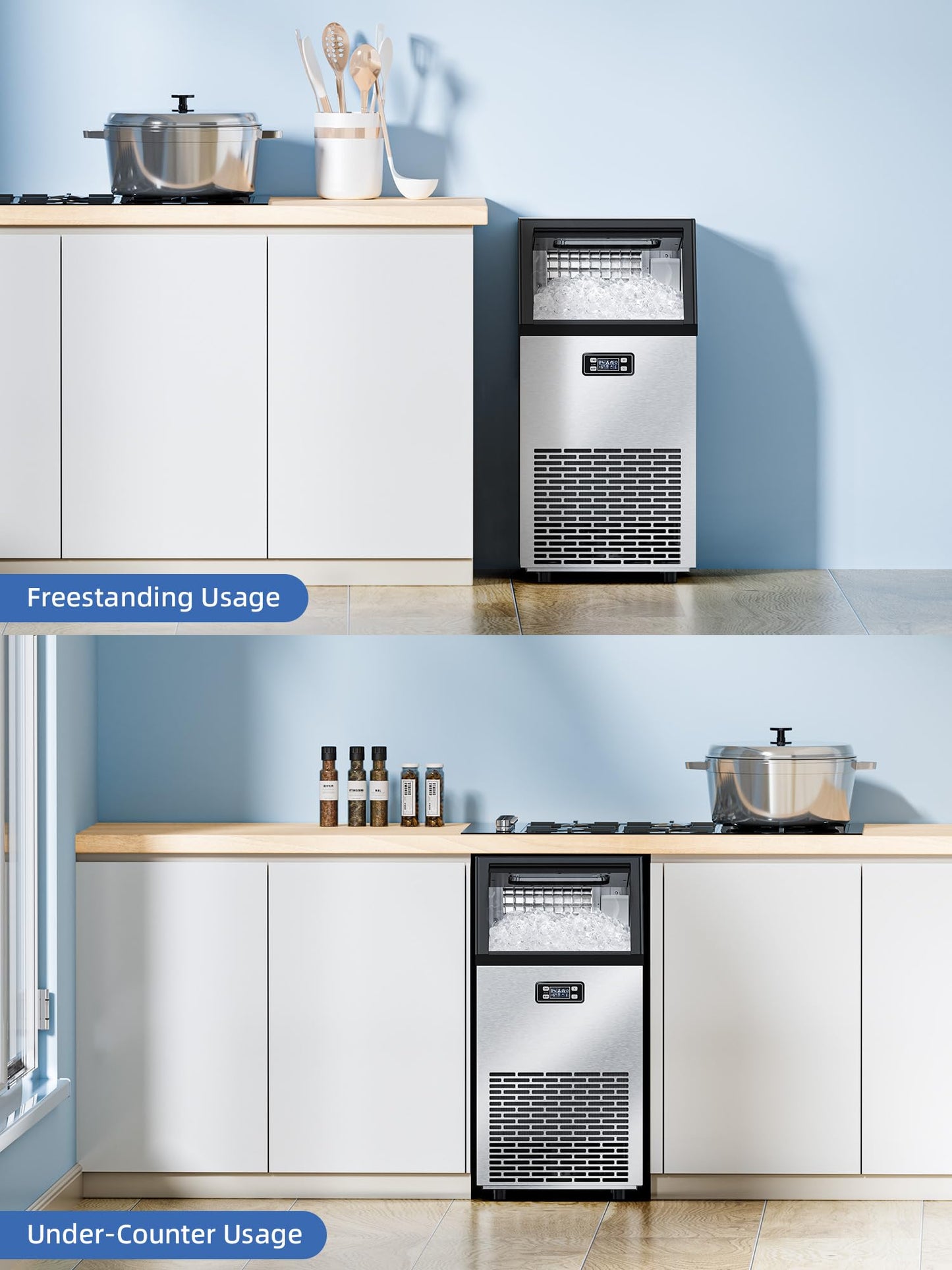 Antarctic Star Commercial Ice Maker, 100lbs/24H Under Counter Freestanding Ice Machines with 33lbs Storage, Stainless Steel Self Cleaning Ice Makers for Home/Bar/Restaurant/Outdoor