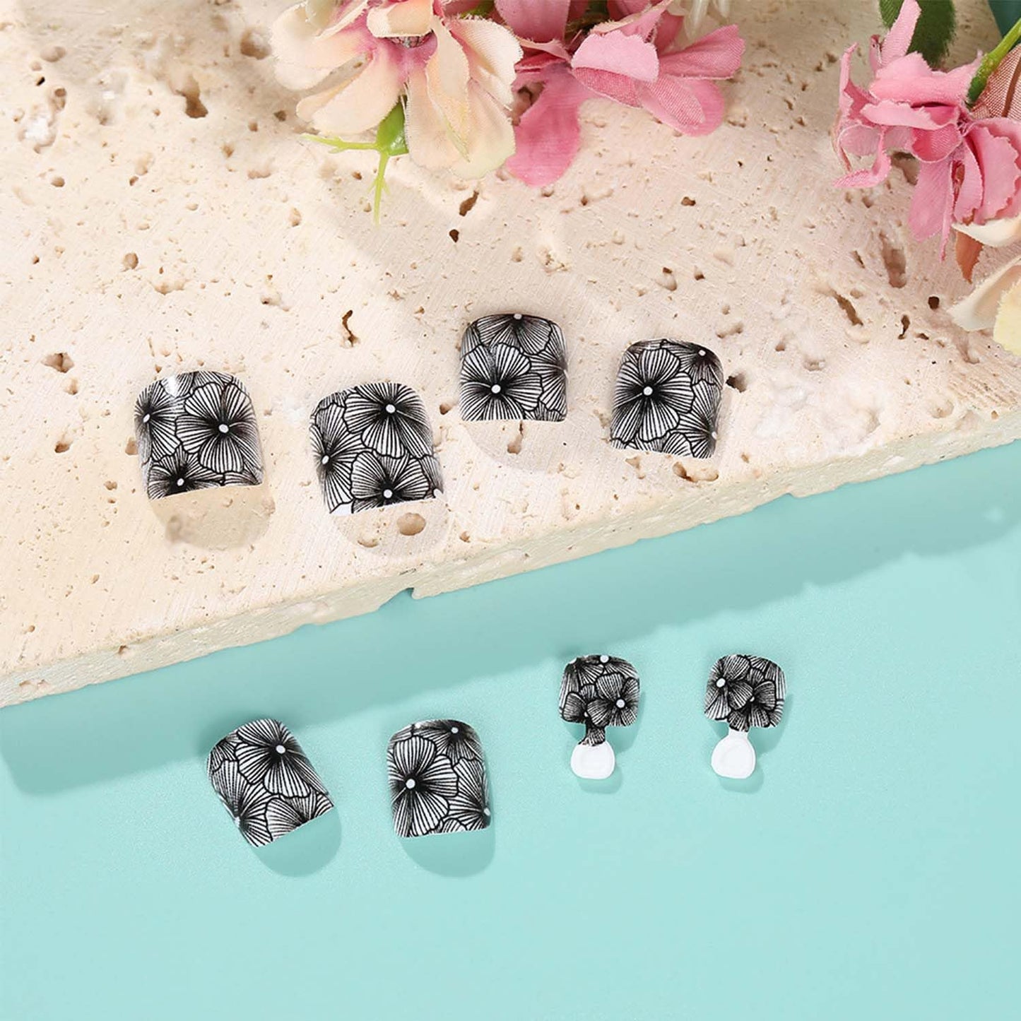 Flower Press On Toenails Short Square Fake Toe Nails Summer False Toenails With Black Floral Design Full Cover Acrylic Toe Nail Artificial ToeNail Glossy Stick On Toenail For Women 24pcs