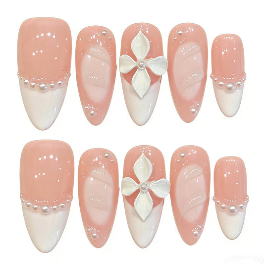 Handmade Press On Nails-3D Almond Pink French Manicure Aadorned With Pearl Carved Flowers ， Wedding Prom And Festival Gift，Thick Acrylic and Muti-Layer Gel Reusable False Nails (L)