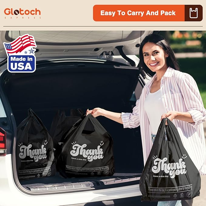 Glotoch 5000 (5K) Count Plastic Thank You T-shirt Bags Black, 11.5 x 6.5 x 21" Grocery Shopping Bags with Handles for Restaurant, Retail, Togo, Takeout, Convenience Stores, in Bulk for Small Business