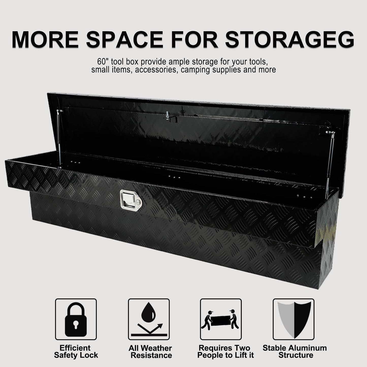 60 Inch Side Mount Truck Tool Box Aluminum Pickup Truck Bed Tool Box Trailer Storage with Lock Key 5 Bar Tread 60" x 8" x 14" Black