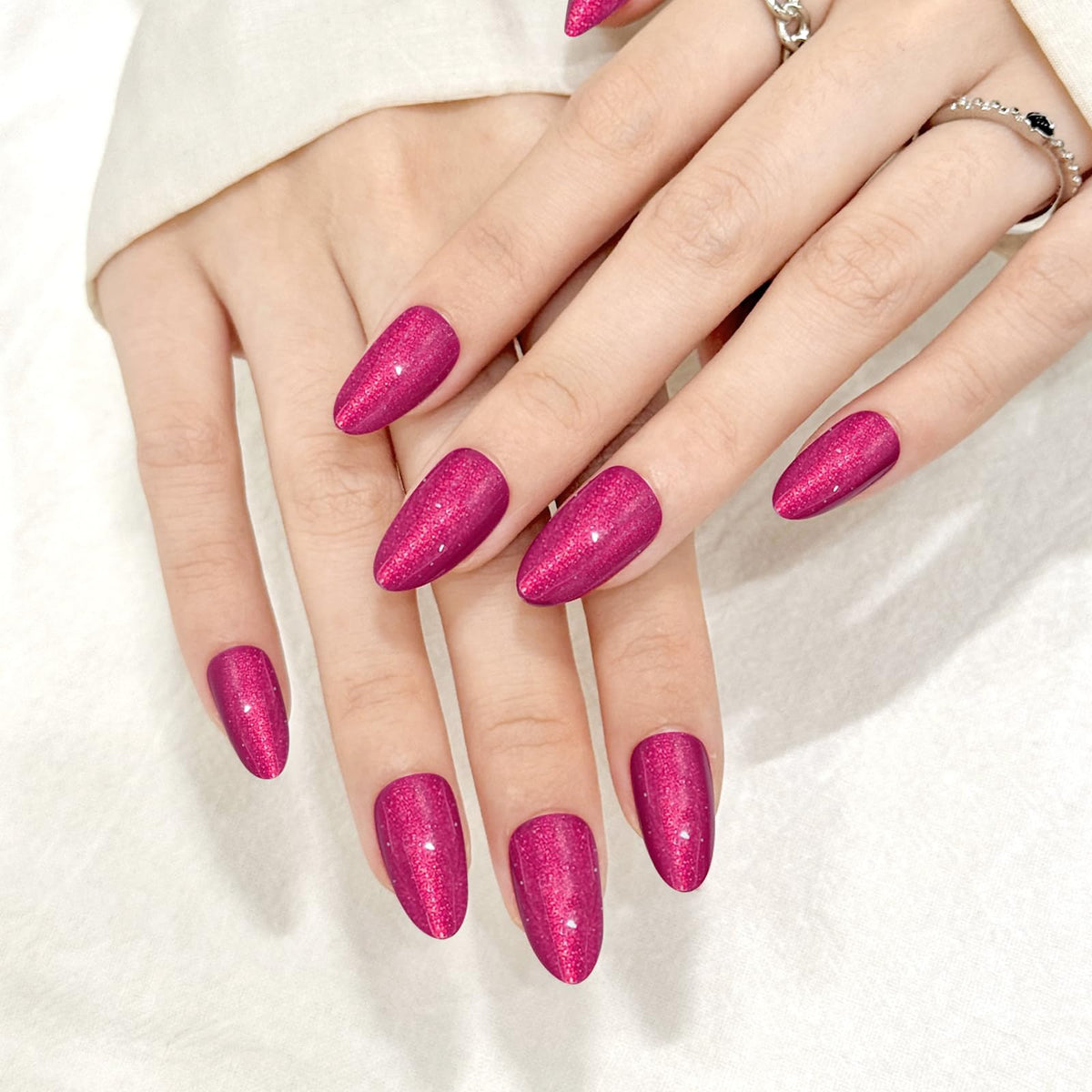 Rose Red Almond Cat Eyes Press On Nails,12 Sizes - 24 Pcs Soft Gel Red Medium Fake Nails Kit with Nail Glue, Natural Reusable Stick On False Nails for Women and Girls SK1024