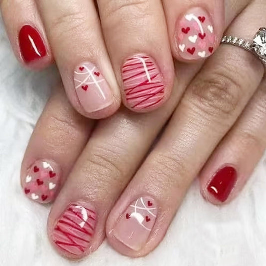 Valentine's Day Press on Nails Square Short Fake Nails Pink False Nails With Red Heart Line Designs Glossy Full Cover Stick on Nails Acrylic Love Heart Press On Nails DIY Manicure for Women 24Pcs