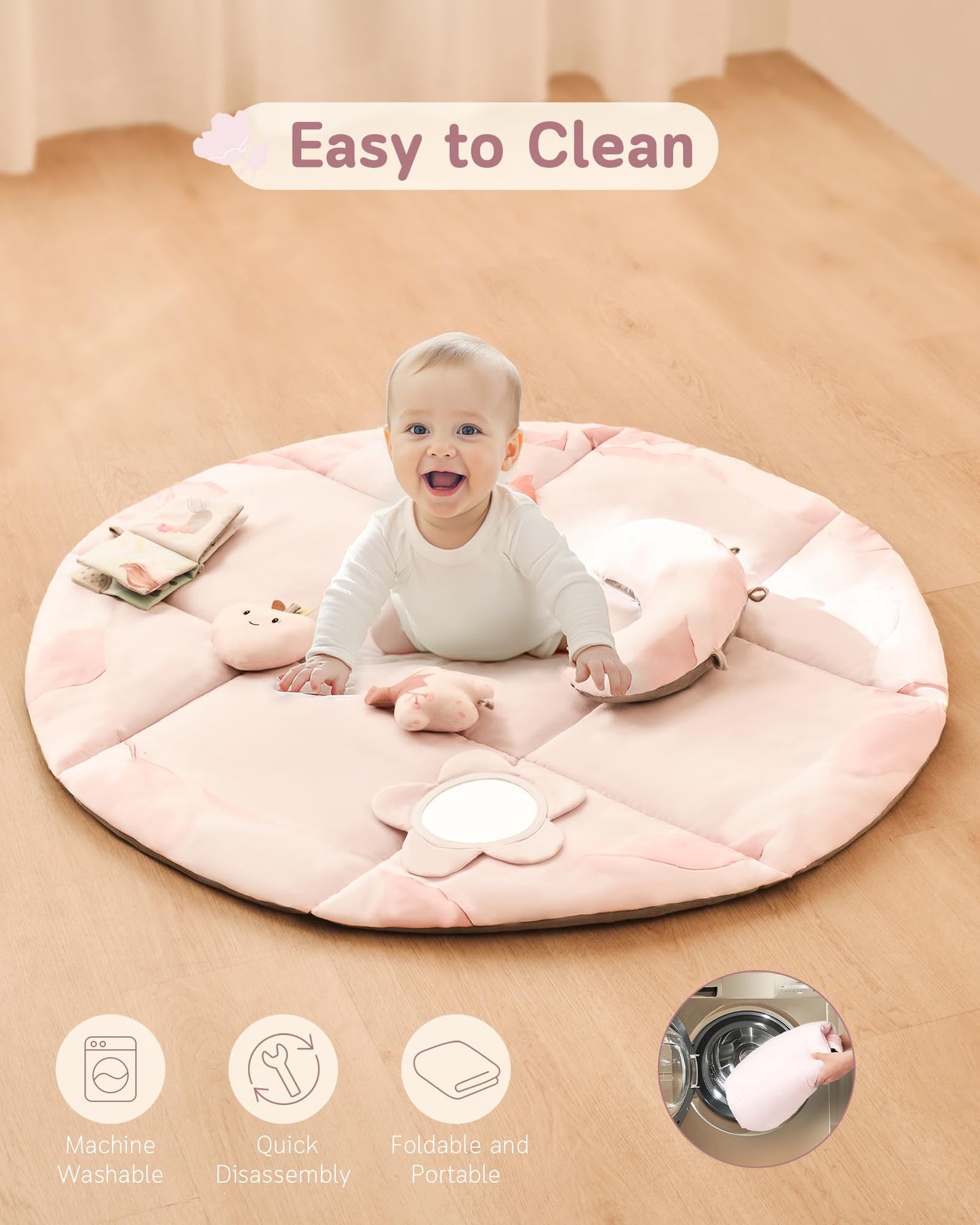 Fortella Baby Play Gym & Activity Mat, Machine Washable & Foldable Tummy Time Mat with 5 Detachable Toys, Certified Safe Newborn Essentials Gift for Baby Registry 0-12 Months (Rose Pink)