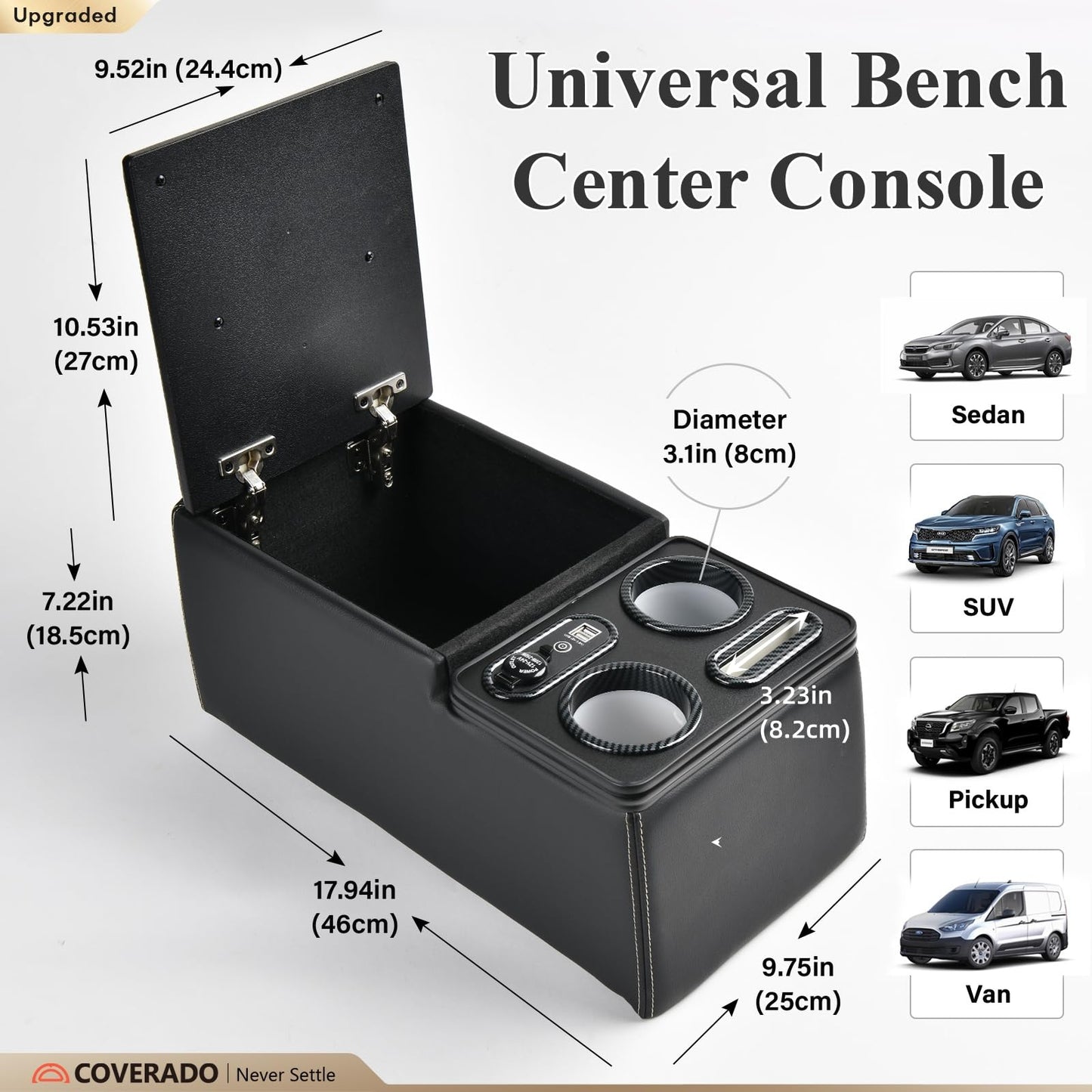 Coverado Car Center Console, Universal Rear Bench Seat Console, Back Seat Car Organizer, Automotive Center Console with Cup Holder & Phone Holder, Central Armrest Box (Update, Black)