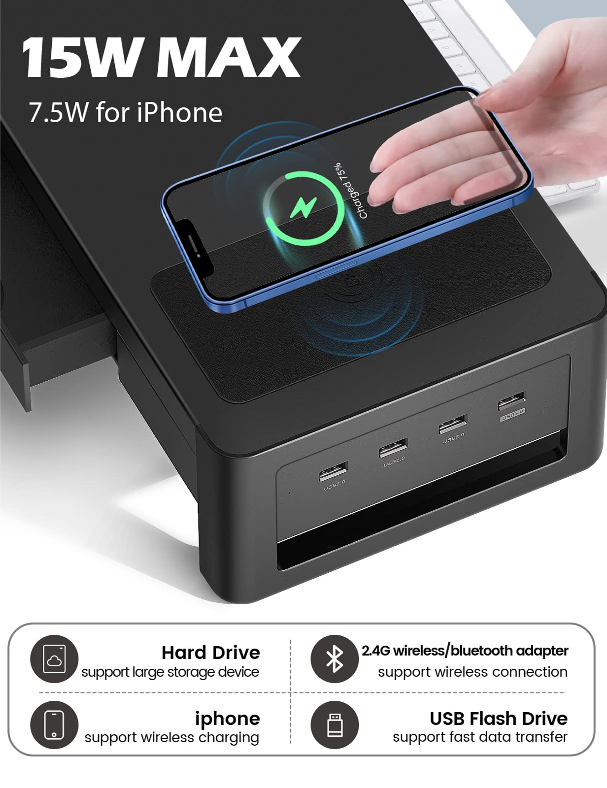 meatanty Dual Monitor Stand Riser with 2 Drawers,4 USB Ports and Charging Pad,Metal Monitor Stand for 2 Monitors Supports Transfer Data and Charging,Desk Organizer for PC,iMac(38.7 inches)