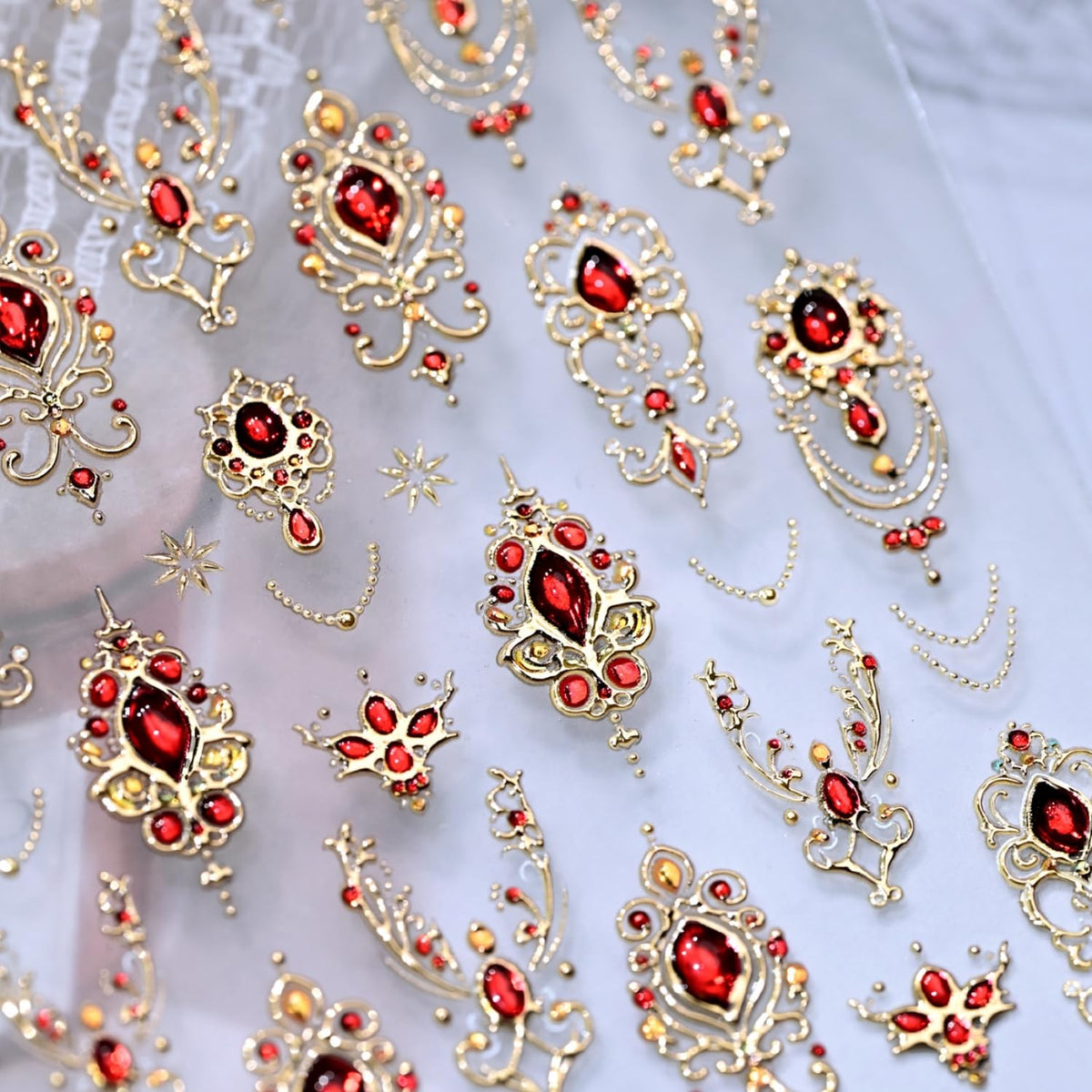 5D Embossed Red Gemstone Nail Art Stickers Gold Nail Stickers Gold Red Baroque Nail Decals for Nail Art Gem Nail Design Nail Supplies for Women Girls DIY Manicure Decoration