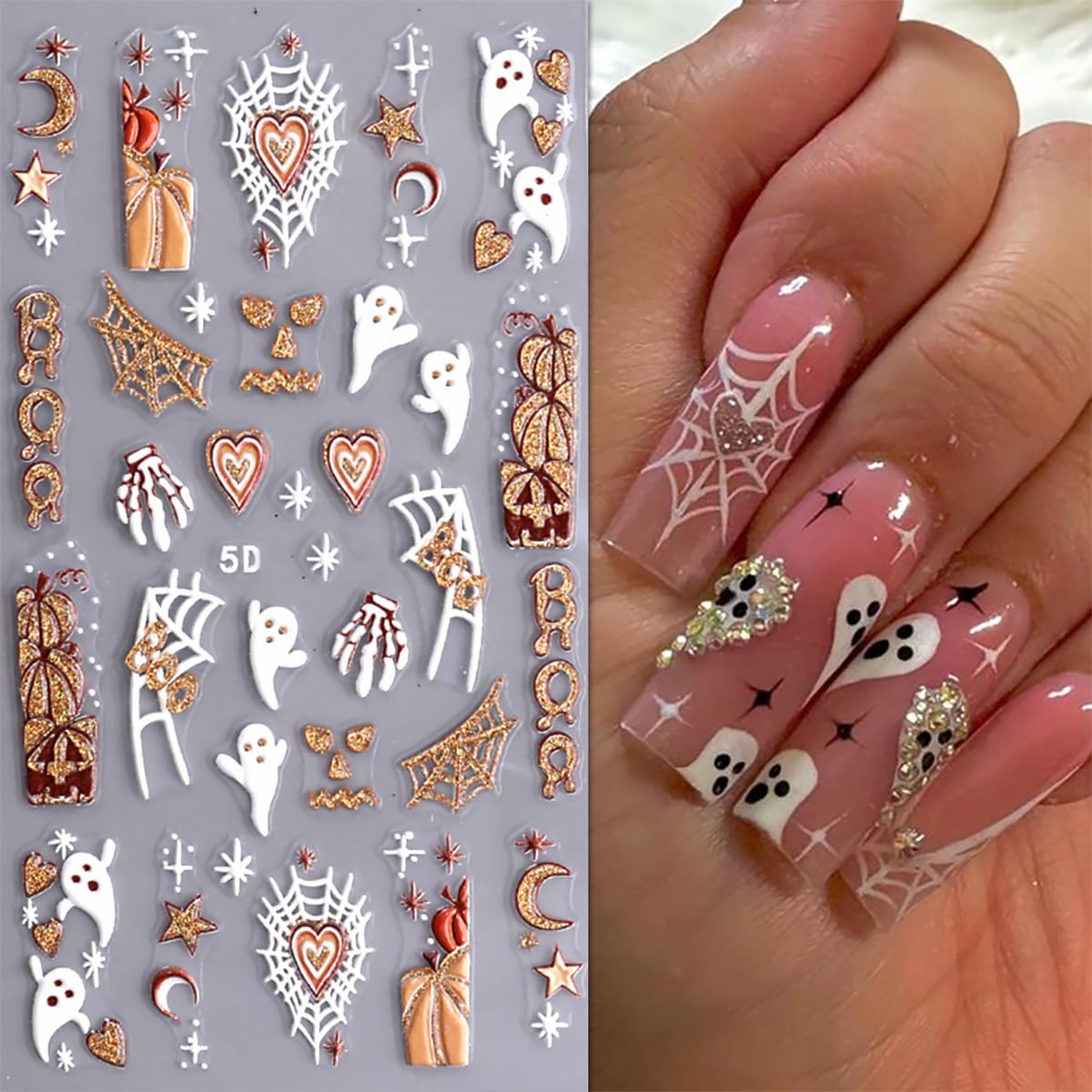 3 Sheets Halloween 5D Embossed Nail Art Stickers Cute Ghost Spider Wed Nail Decals Self Adhesive Gothic Pumpkin Skull Nail Stickers Glitter Gold Nail Design Decals Holiday Nail Decoration for Women
